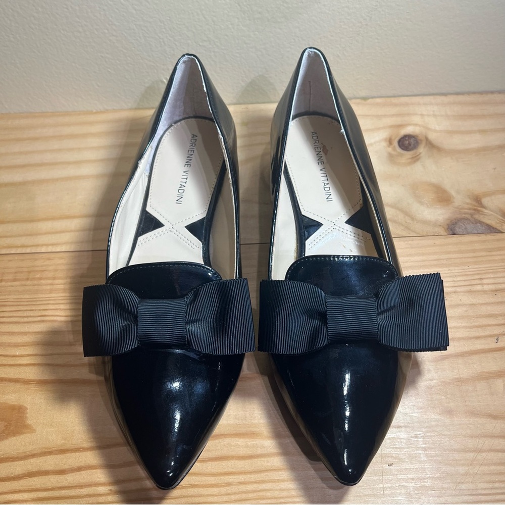 Andrienne Vittadini Black Patent Leather Pointed Closed Toe Bow Loafers Flats